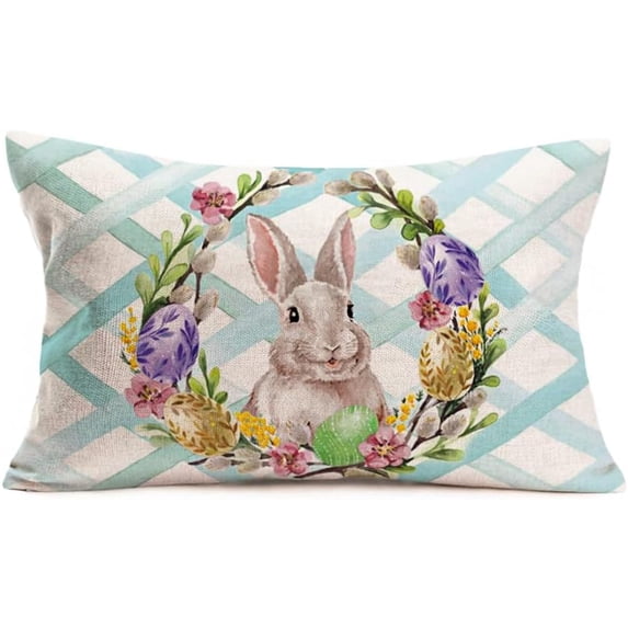 Throw Pillow Covers 12x20 Inch Easter Bunny Lumbar Farmhouse Cotton Linen Watercolor Eggs Case Home Oblong Cushion Cover for Sofa (Wreath) Green L-01