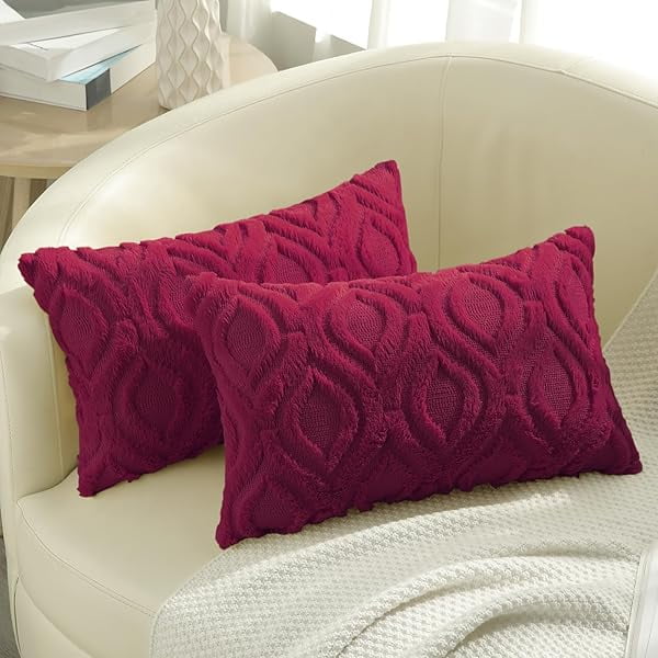 Throw Pillow Covers 12x20 Inch Set of 2, Soft Plush Faux Wool Burgundy ...