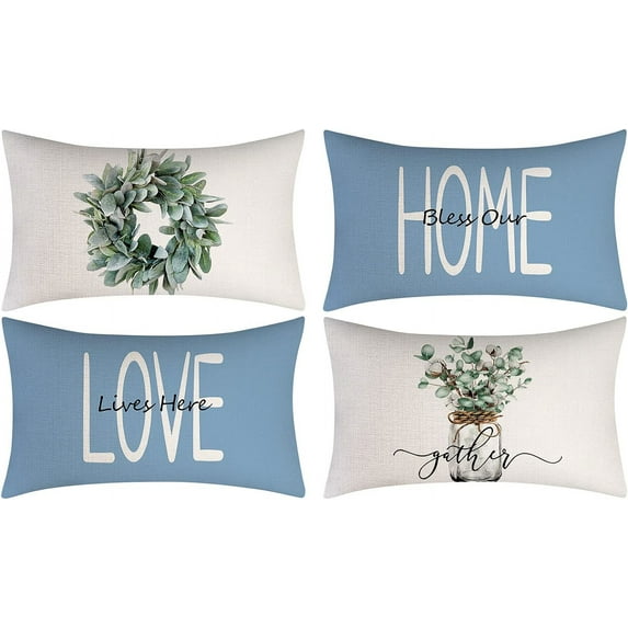 Throw Pillow Covers 12x20 Set of 4 Farmhouse Blue Pillow Covers Cushion Cases Decorative Pillowcases for Sofa Couch Living Room Outdoor Home Decor