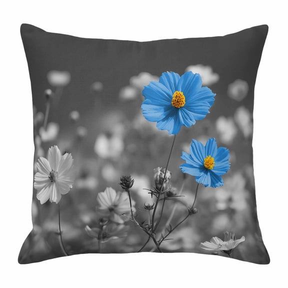 Throw Pillow Covers 16 x 16 Inch, Blue Grey Daisy Cotton Linen Pillows Cases, Farmhouse Flowers Abstract Country Square Cushion Covers for Couch Sofa Bed