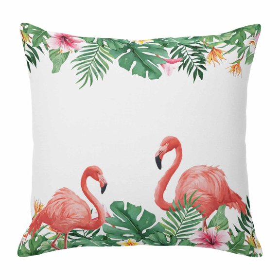 Throw Pillow Covers 16 x 16 Inch, Pink Flamingo Birds Cotton Linen Pillows Cases, Summer Tropical Plants Flowers Square Cushion Covers for Couch Sofa Bed