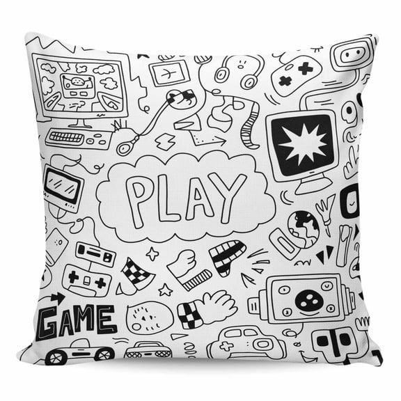 Throw Pillow Covers 16x16 Inch, Black White Video Game Decorative Pillow Cases for Couch Sofa Bed, Console Computer Gaming Sketch Style Cotton Linen Square Home Decor Pillowcases with Hidden Zipper