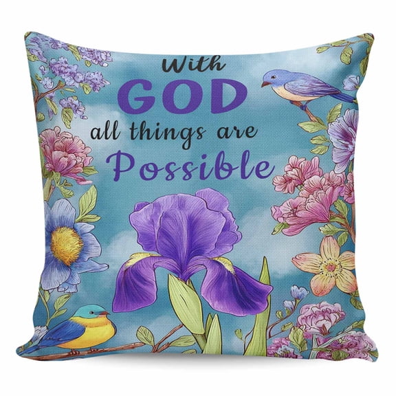 Throw Pillow Covers 16x16 Inch, Blue Floral Birds Decorative Pillow Cases for Couch Sofa Bed, with God All Things Are Possible Cotton Linen Square Home Decor Pillowcases with Hidden Zipper