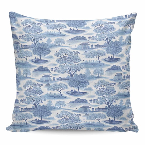 Throw Pillow Covers 16x16 Inch, Blue Garden Decorative Pillow Cases for Couch Sofa Bed, Modern Art Building Trees Boat Landscape Cotton Linen Square Home Decor Pillowcases with Hidden Zipper