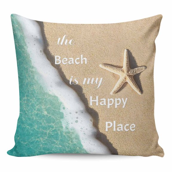 Throw Pillow Covers 16x16 Inch, Blue Ocean Decorative Pillow Cases for Couch Sofa Bed, Beige Starfish Beach Sunshine Text Cotton Linen Square Home Decor Pillowcases with Hidden Zipper