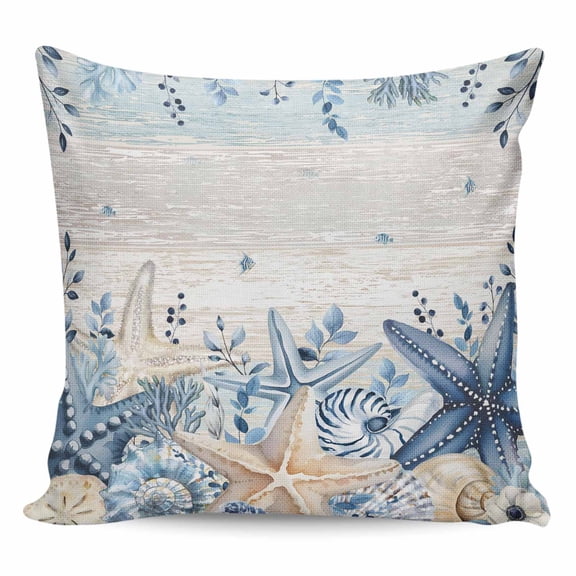 Throw Pillow Covers 16x16 Inch, Blue Starfish Coastal Decorative Pillow Cases for Couch Sofa Bed, Eucalyptus Summer Nautical Shell Vintage Cotton Linen Square Home Decor Pillowcases