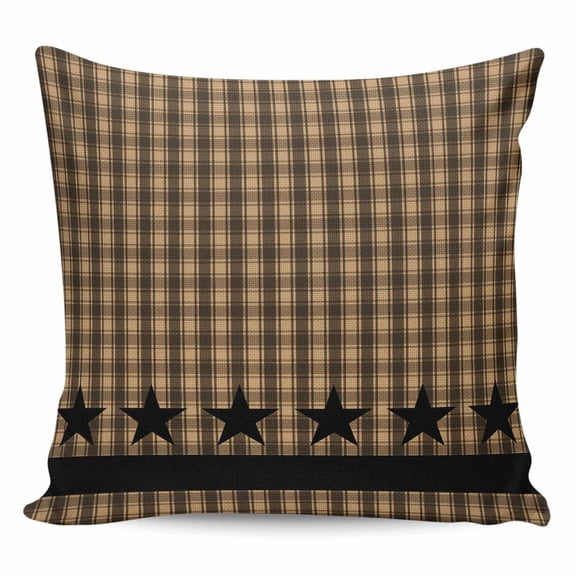 Throw Pillow Covers 16x16 Inch, Brown Black Plaid Decorative Pillow Cases for Couch Sofa Bed, Vintage Rustic Star Buffalo Check Cotton Linen Square Home Decor Pillowcases with Hidden Zipper