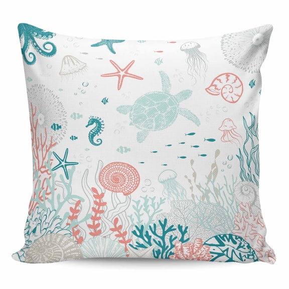 Throw Pillow Covers 16x16 Inch, Coastal Turtle Decorative Pillow Cases for Couch Sofa Bed, Teal Green Ocean Coral Starfish Jellyfish Cotton Linen Square Home Decor Pillowcases with Hidden Zipper