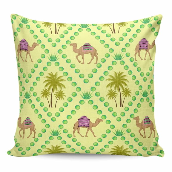Throw Pillow Covers 16x16 Inch, Desert Sand Camels Decorative Pillow Cases for Couch Sofa Bed, Palm Trees Tropical Plants Polka Dot Yellow Cotton Linen Square Home Decor Pillowcases