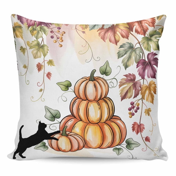 Throw Pillow Covers 16x16 Inch, Fall Decorative Pillow Cases for Couch Sofa Bed, Pumpkins Cat Maple Leaf Thanksgiving Cotton Linen Square Home Decor Pillowcases with Hidden Zipper