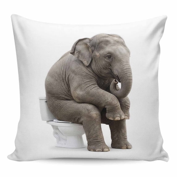 Throw Pillow Covers 16x16 Inch, Funny Elephants Decorative Pillow Cases for Couch Sofa Bed, Cute Art Fun Lovely Animals on Toilets Cotton Linen Square Home Decor Pillowcases with Hidden Zipper