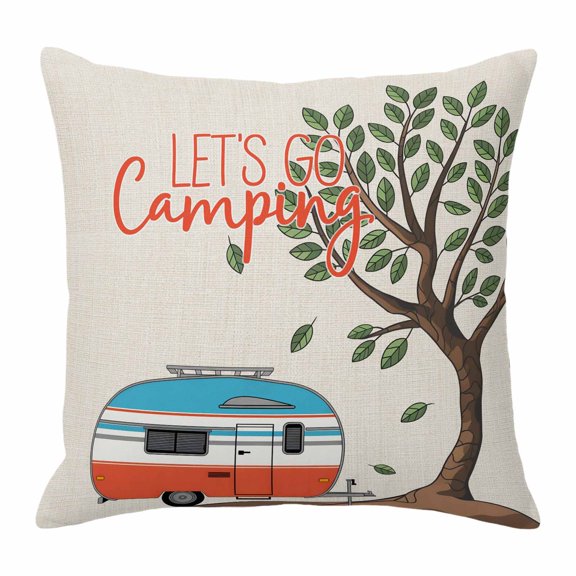 Throw Pillow Covers 16x16 Inch, Let's Go Camping Decorative Pillow Cases for Couch Sofa Bed, Modern Camper Van Trees Burlap Rustic Cotton Linen Square Home Decor Pillowcases with Hidden Zipper