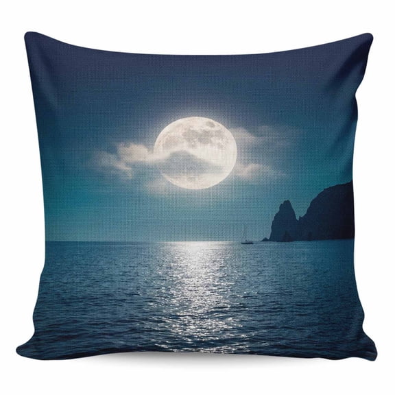 Throw Pillow Covers 16x16 Inch, Moonlight Sea Night Decorative Pillow Cases for Couch Sofa Bed, Abstract Modern Art Ocean Cloud Cotton Linen Square Home Decor Pillowcases with Hidden Zipper
