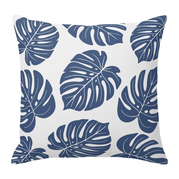 Throw Pillow Covers 16x16 Inch, Navy Blue Monstera Leaf Decorative Pillow Cases for Couch Sofa Bed, Summer Tropical Plant Botanical Boho Cotton Linen Square Home Decor Pillowcases with Hidden Zipper