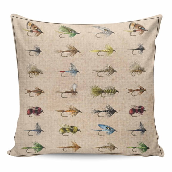 Throw Pillow Covers 16x16 Inch, Ocean Fishhooks Decorative Pillow Cases for Couch Sofa Bed, Vintage Coastal Fishing Pattern Brown Cotton Linen Square Home Decor Pillowcases with Hidden Zipper