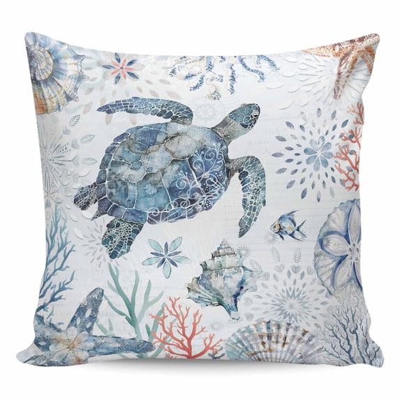 Throw Pillow Covers 16x16 Inch, Ocean Sea Turtle Decorative Pillow Cases for Couch Sofa Bed, Summer Coastal Coral Flower Shells Cotton Linen Square Home Decor Pillowcases with Hidden Zipper