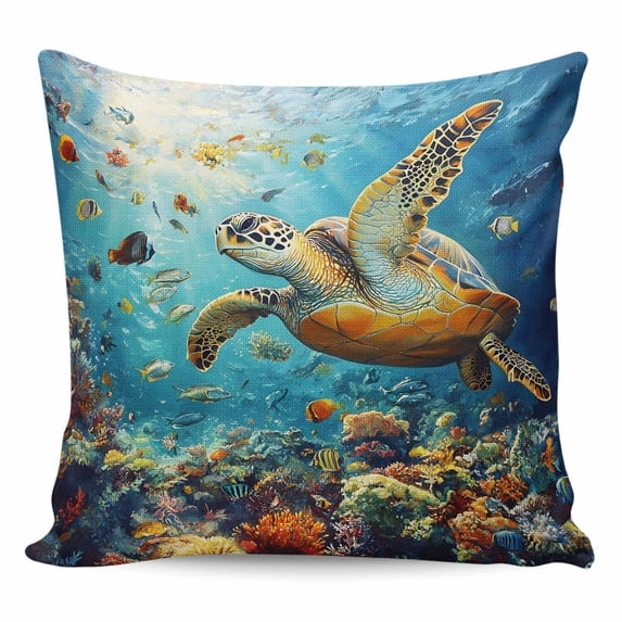 Throw Pillow Covers 16x16 Inch, Ocean Turtle Decorative Pillow Cases for Couch Sofa Bed, Summer Beach Underwater Coral Fish Sea Cotton Linen Square Home Decor Pillowcases with Hidden Zipper