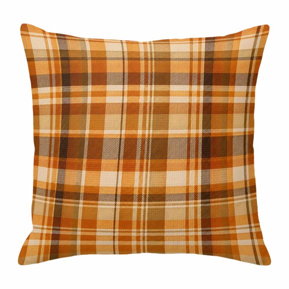 Throw Pillow Covers 16x16 Inch, Orange Checked Fall Decorative Pillow Cases for Couch Sofa Bed, Thanksgiving Buffalo Plaid Cotton Linen Square Home Decor Pillowcases with Hidden Zipper