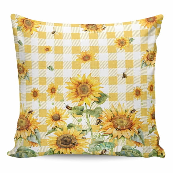 Throw Pillow Covers 16x16 Inch, Orange Sunflower Decorative Pillow Cases for Couch Sofa Bed, Bee Floral Summer Rustic Buffalo Check Cotton Linen Square Home Decor Pillowcases with Hidden Zipper