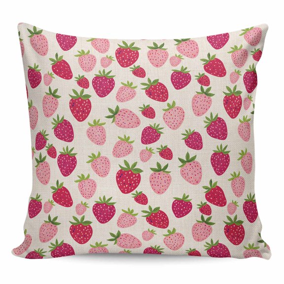 Throw Pillow Covers 16x16 Inch, Red Pink Strawberry Decorative Pillow Cases for Couch Sofa Bed, Beige Lovely Summer Spring Fruit Cotton Linen Square Home Decor Pillowcases with Hidden Zipper