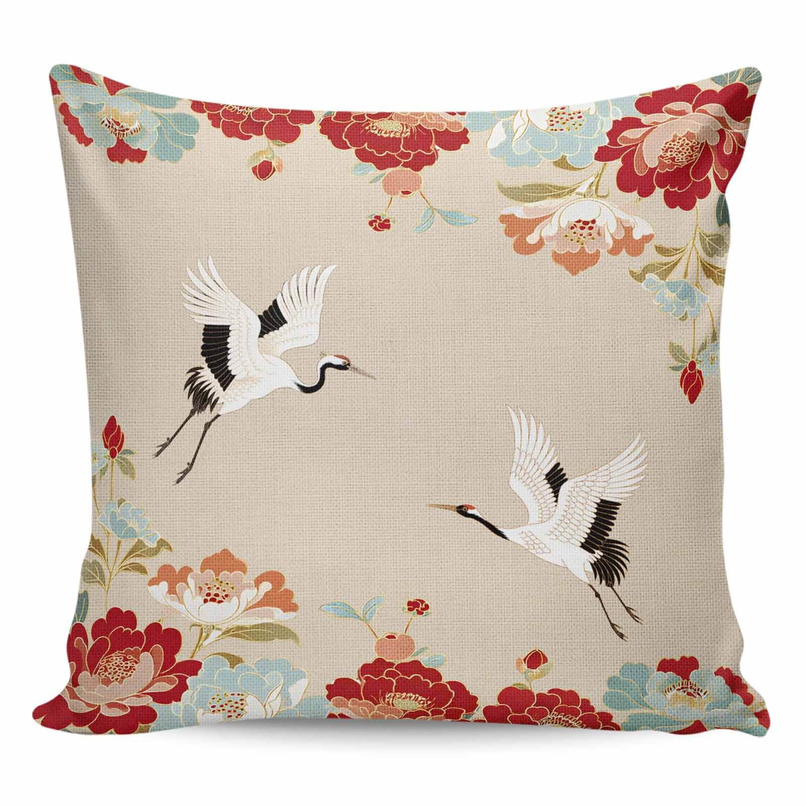 Throw Pillow Covers 16x16 Inch, Rustic Crane Decorative Pillow Cases for Couch Sofa Bed, Vintage Red Teal Spring Floral Botanical Cotton Linen Square Home Decor Pillowcases with Hidden Zipper