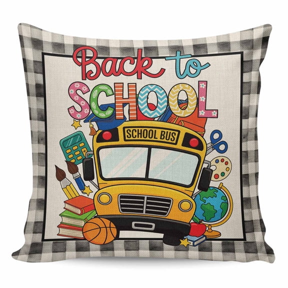 Throw Pillow Covers 16x16 Inch, School Season Decorative Pillow Cases for Couch Sofa Bed, Bus Basketball Brush Black Buffalo Check Cotton Linen Square Home Decor Pillowcases with Hidden Zipper