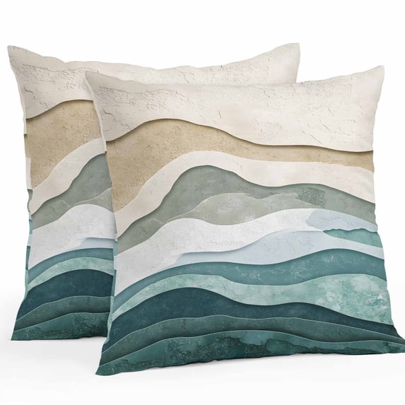 Throw Pillow Covers 16x16 Inch Set of 2, Beige Teal Ombre Waterproof Outdoor Pillow Covers, Modern Geometric Aesthetics Abstract Decorative Cushion Pillowcases for Couch, Sofa, Bed, Garden, Patio