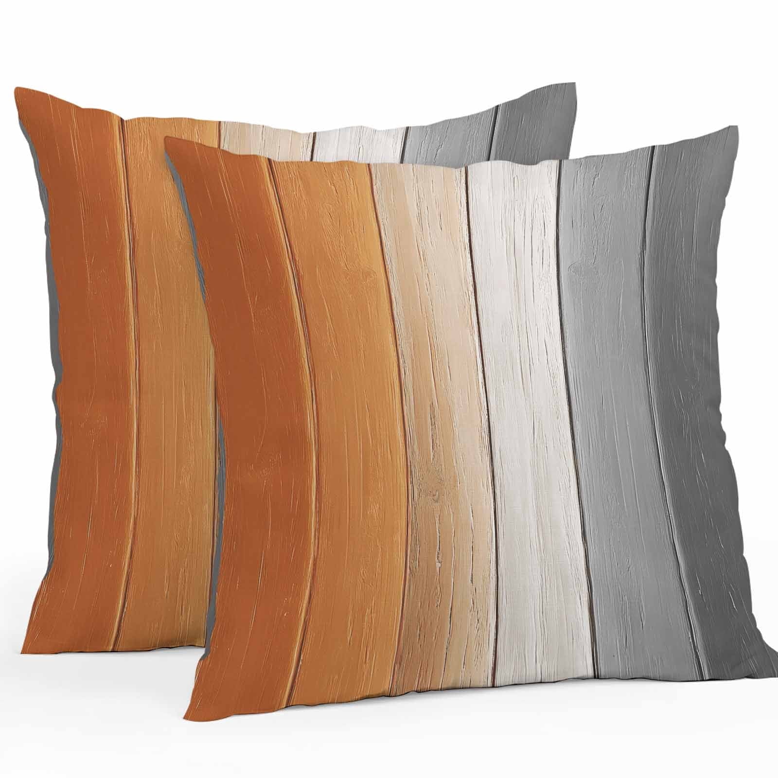 Throw Pillow Covers 16x16 Inch Set of 2, Burnt Orange Gray Ombre Waterproof Outdoor Pillow Covers, Vintage Farmhouse Wooden Decorative Cushion Pillowcases for Couch, Sofa, Bed, Garden, Patio