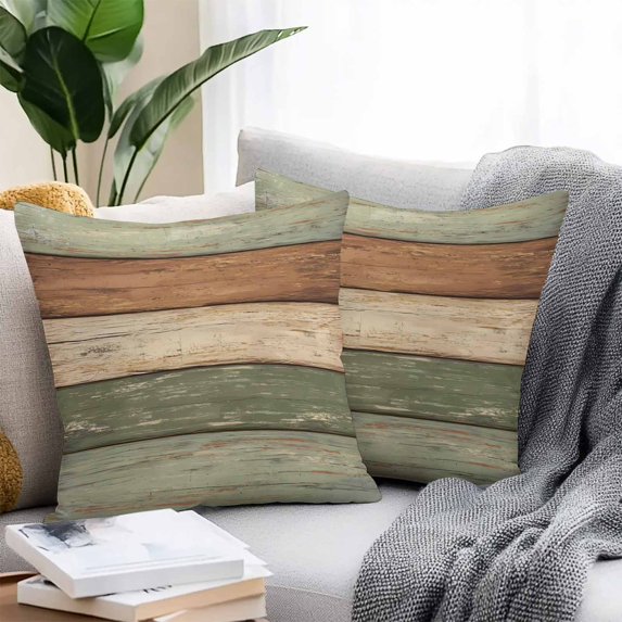 Throw Pillow Covers 16x16 Inch Set of 2, Farmhouse Sage Green Brown Waterproof Outdoor Pillow Covers, Vintage Wooden Striped Decorative Cushion Pillowcases for Couch, Sofa, Bed, Garden, Patio