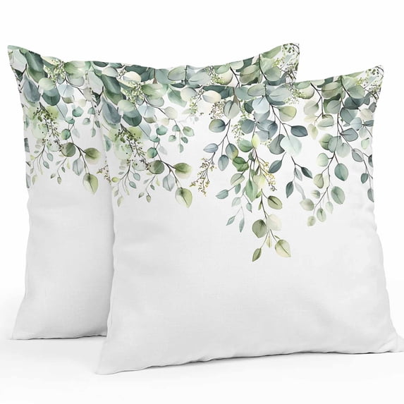 Throw Pillow Covers 16x16 Inch Set of 2, Green Eucalyptus Leaves Waterproof Outdoor Pillow Covers, Summer Watercolor Botanical Decorative Cushion Pillowcases for Couch, Sofa, Bed, Garden, Patio