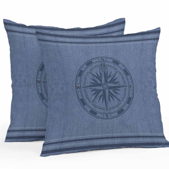 Throw Pillow Covers 16x16 Inch Set of 2, Nautical Compass Waterproof Outdoor Pillow Covers, Navy Blue Striped Coastal Compass Decorative Cushion Pillowcases for Couch, Sofa, Bed, Garden, Patio