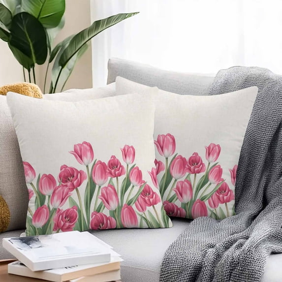 Throw Pillow Covers 16x16 Inch Set of 2, Pink Tulip Flower Waterproof Outdoor Pillow Covers, Spring Floral Leaves Plants Retro Beige Decorative Cushion Pillowcases for Couch, Sofa, Bed, Garden, Patio