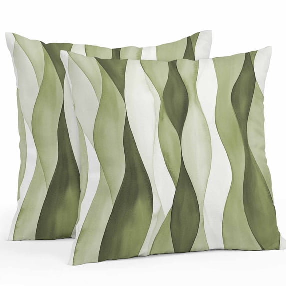 Throw Pillow Covers 16x16 Inch Set of 2, Sage Green Stripes Waterproof Outdoor Pillow Covers, Retro Farmhouse Abstract Ripple Decorative Cushion Pillowcases for Couch, Sofa, Bed, Garden, Patio