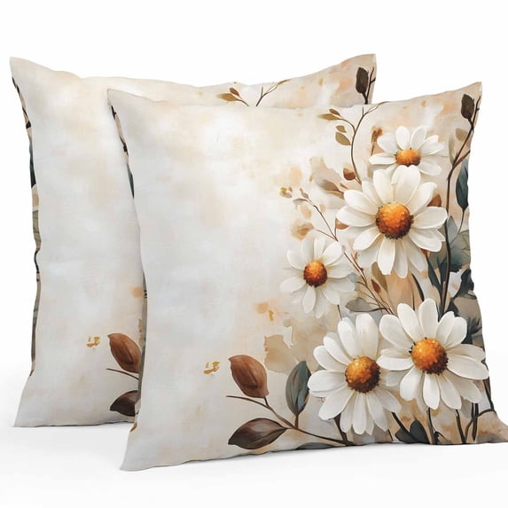 Throw Pillow Covers 16x16 Inch Set of 2, Spring Floral Waterproof Outdoor Pillow Covers, Daisy Summer Botanical Vintage Flowers Decorative Cushion Pillowcases for Couch, Sofa, Bed, Garden, Patio