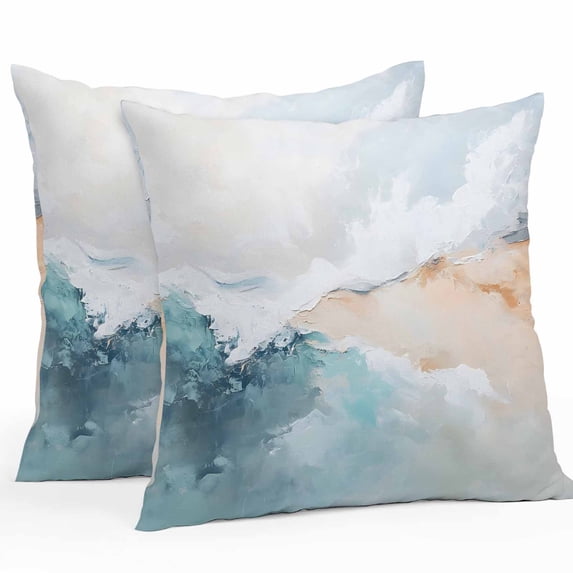 Throw Pillow Covers 16x16 Inch Set of 2, Teal Beige Waterproof Outdoor Pillow Covers, Modern Oil Painting Art Coastal Decorative Cushion Pillowcases for Couch, Sofa, Bed, Garden, Patio