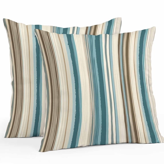 Throw Pillow Covers 16x16 Inch Set of 2, Turquoise Beige Waterproof Outdoor Pillow Covers, Boho Vertical Stripes Bohemian Retro Decorative Cushion Pillowcases for Couch, Sofa, Bed, Garden, Patio