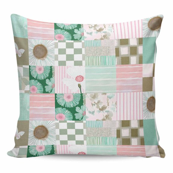Throw Pillow Covers 16x16 Inch, Spring Floral Checkered Decorative Pillow Cases for Couch Sofa Bed, Turquoise Pink Buffalo Plaid Cotton Linen Square Home Decor Pillowcases with Hidden Zipper