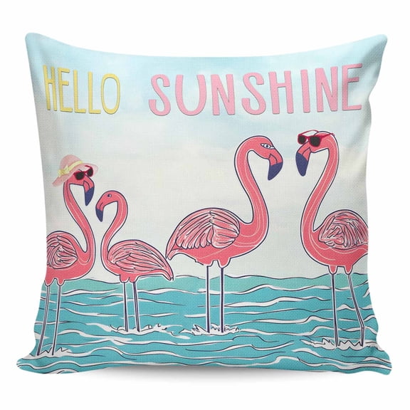 Throw Pillow Covers 16x16 Inch, Summer Cute Flamingo Decorative Pillow Cases for Couch Sofa Bed, Cartoon Animal Hello Sunshine Cotton Linen Square Home Decor Pillowcases with Hidden Zipper
