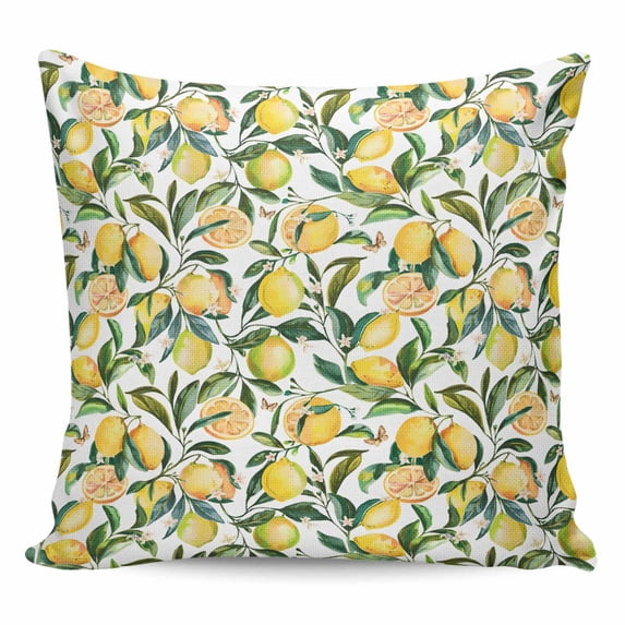 Throw Pillow Covers 16x16 Inch, Summer Lemon Decorative Pillow Cases for Couch Sofa Bed, Farmhouse Tropical Botanical Fruit Cotton Linen Square Home Decor Pillowcases with Hidden Zipper