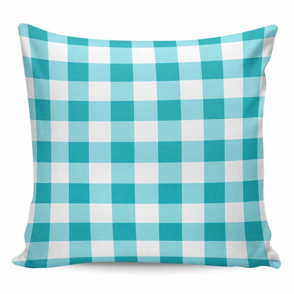 Throw Pillow Covers 16x16 Inch, Turquoise Checkered Decorative Pillow Cases for Couch Sofa Bed, Farmhouse Buffalo Plaid Cotton Linen Square Home Decor Pillowcases with Hidden Zipper