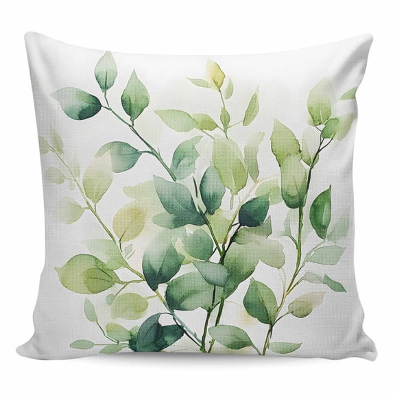 Throw Pillow Covers 16x16 Inch, Watercolor Botanical Green Decorative Pillow Cases for Couch Sofa Bed, Eucalyptus Leaves Cotton Linen Square Home Decor Pillowcases with Hidden Zipper