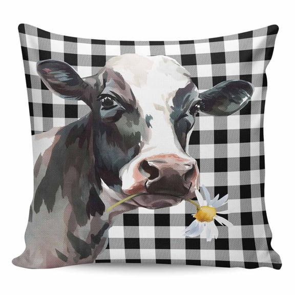 Throw Pillow Covers 16x16 Inch, Watercolor Cow Decorative Pillow Cases for Couch Sofa Bed, Farm Animal Black Buffalo Plaid Cotton Linen Square Home Decor Pillowcases with Hidden Zipper