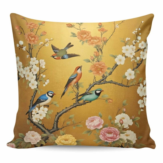 Throw Pillow Covers 16x16 Inch, White Spring Floral Decorative Pillow Cases for Couch Sofa Bed, Farmhouse Birds Flowers Branches Cotton Linen Square Home Decor Pillowcases with Hidden Zipper