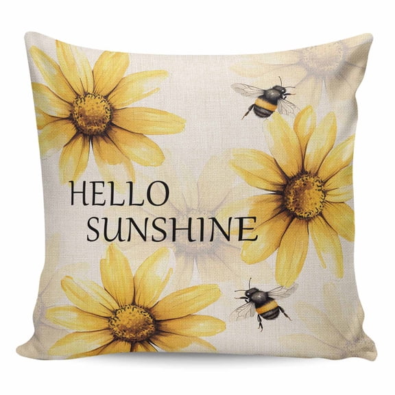 Throw Pillow Covers 16x16 Inch, Yellow Sunflower Decorative Pillow Cases for Couch Sofa Bed, Bee Retro Simple Text Art Aesthetic Cotton Linen Square Home Decor Pillowcases with Hidden Zipper