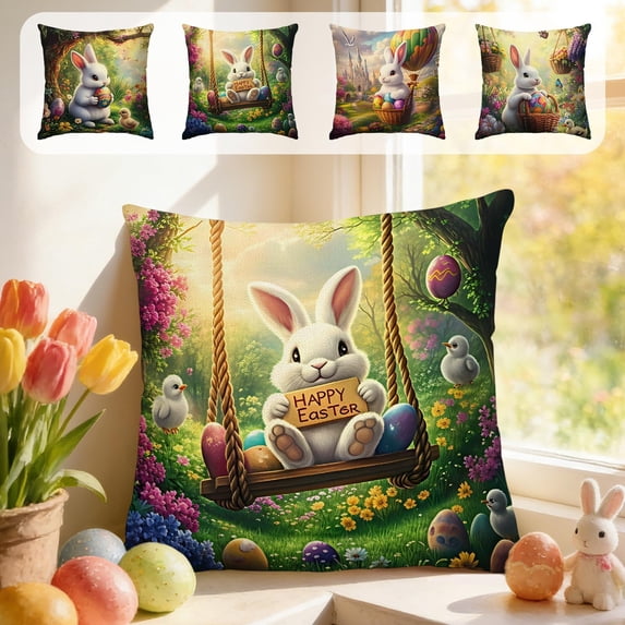 Throw Pillow Covers 18x18, Easter Decorations Pillow Cases with Bunny Patterns, Spring Decor for Bedroom Couch Cushion Cover, Green
