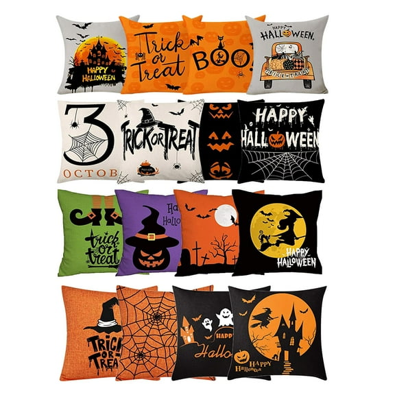 Throw Pillow Covers 18x18 Halloween Decorations, Pumpkin Spider Skull Castle Cushion Covers Soft Linen Pillow Case Covers with Zipper for Couch Sofa Bed Car