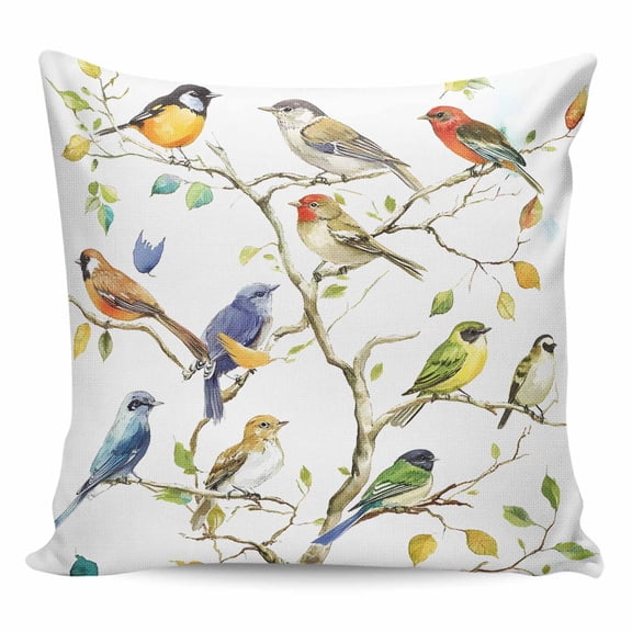 Throw Pillow Covers 18x18 Inch, Bird Leaf Decorative Pillow Cases for Couch Sofa Bed, Spring Summer Tree Branch Farmhouse Retro Cotton Linen Square Home Decor Pillowcases with Hidden Zipper