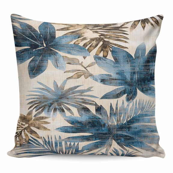Throw Pillow Covers 18x18 Inch, Blue Brown Palm Leaf Decorative Pillow Cases for Couch Sofa Bed, Rustic Summer Botanical Elegant Cotton Linen Square Home Decor Pillowcases with Hidden Zipper