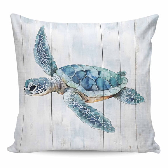 Throw Pillow Covers 18x18 Inch, Blue Coastal Turtle Decorative Pillow Cases for Couch Sofa Bed, Sea Nautical Beach Ocean Vintage Cotton Linen Square Home Decor Pillowcases with Hidden Zipper