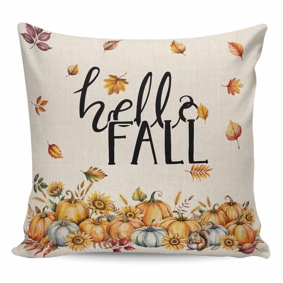 Throw Pillow Covers 18x18 Inch, Fall Decorative Pillow Cases for Couch Sofa Bed, Thanksgiving Pumpkin Sunflower Autumn Leaves Cotton Linen Square Home Decor Pillowcases with Hidden Zipper